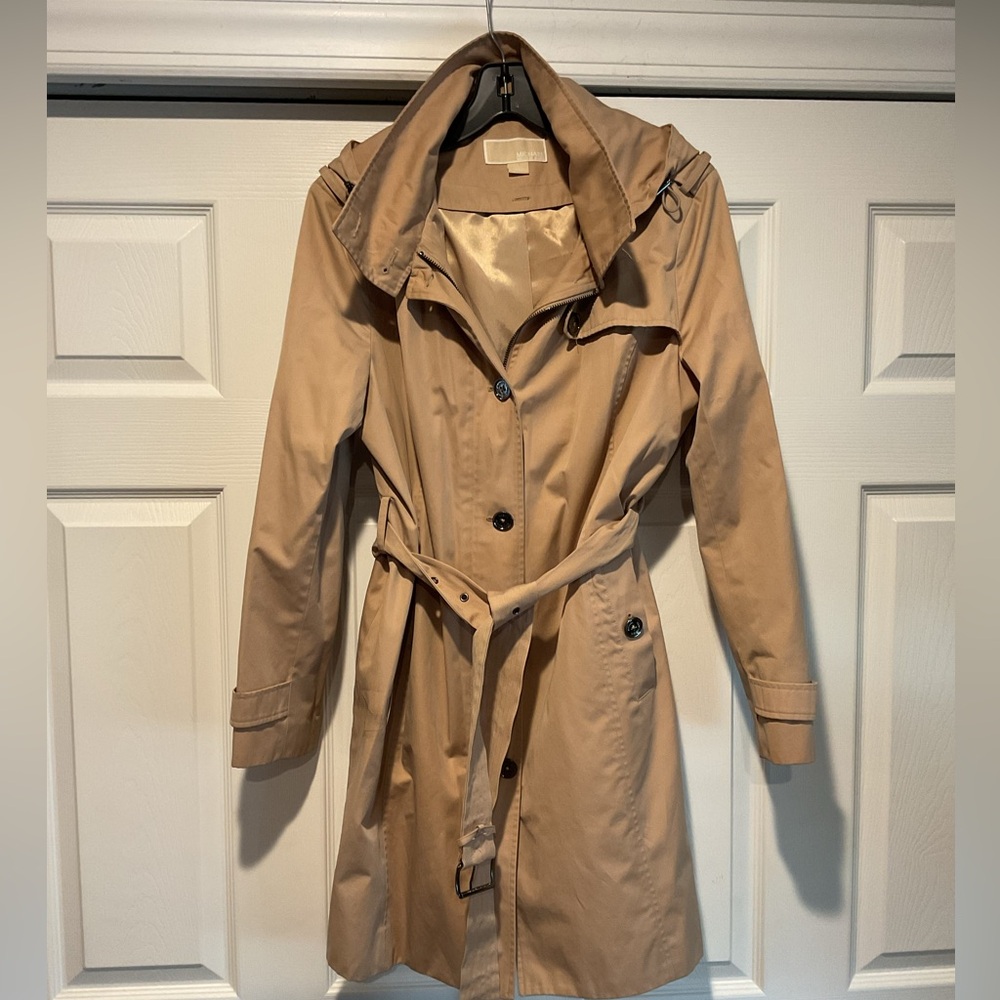 Michael Kors Tan Hooded Belted Trench Coat Rain Dress Jacket sz Large